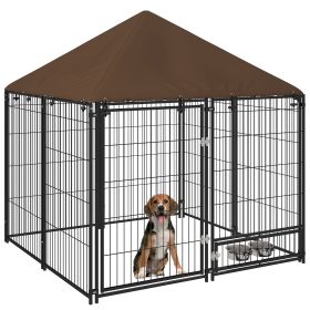 Outside Dog Kennel, 4.6' x 4.6' x 5' Puppy Play Pen with Canopy, Garden Playpen Fence Crate Enclosure Cage with Rotating Bowl, Black